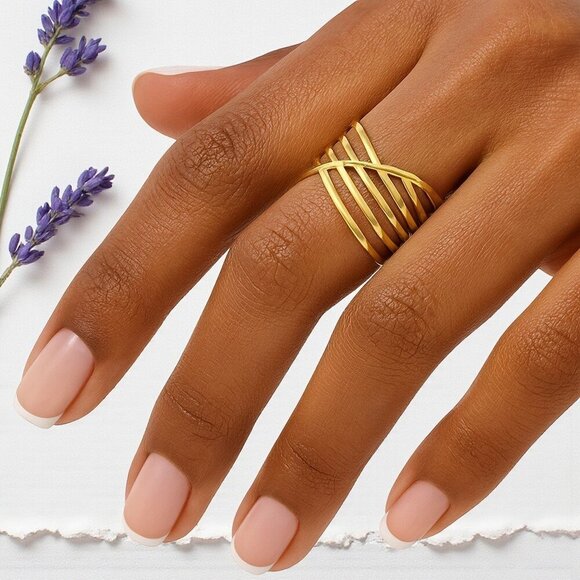 🆕 Modern Chic Crisscross Ring 18K Gold Plated Stainless Steel Adjustable Band - Picture 8 of 12